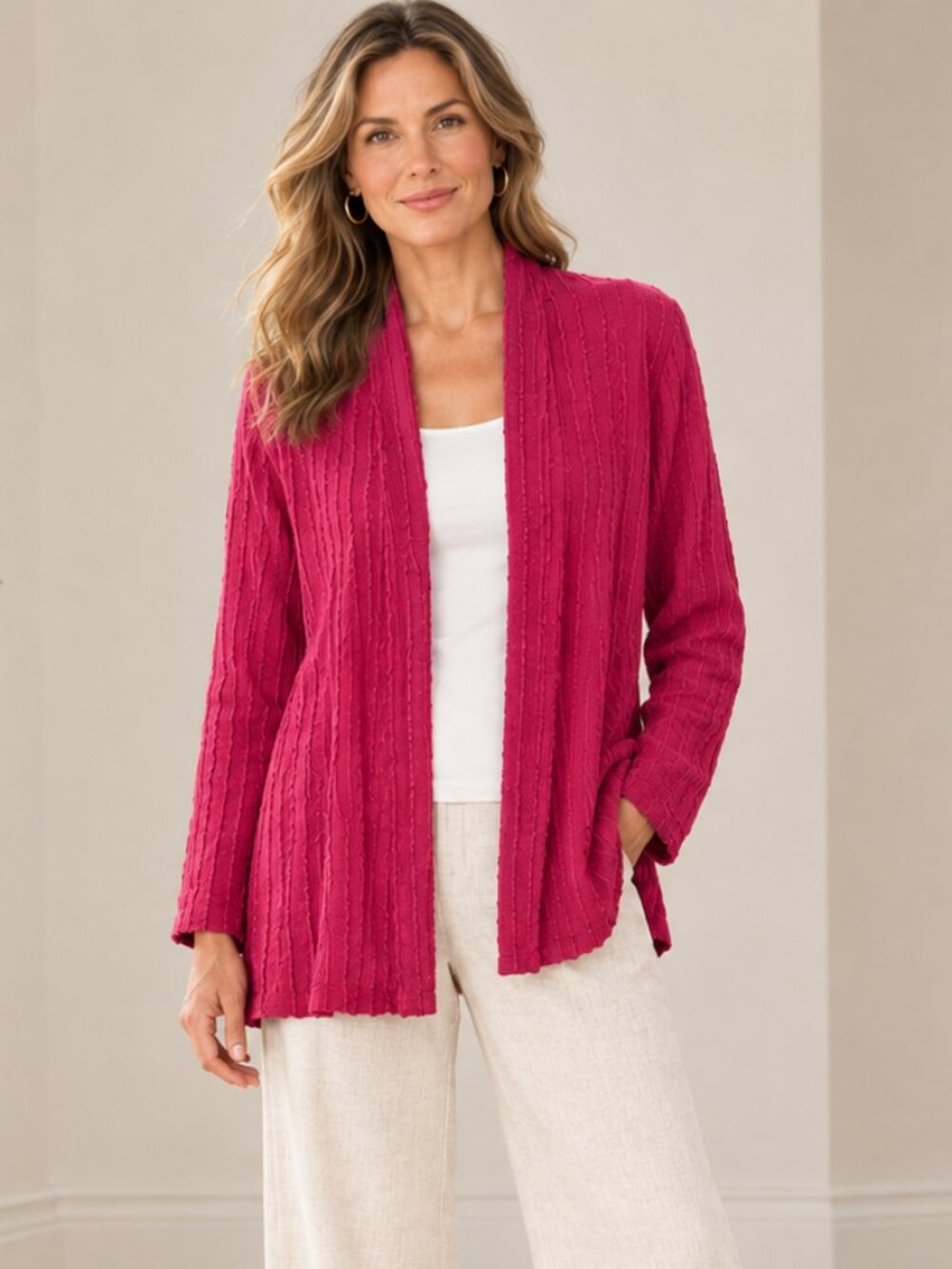 Chico's Linen Lightwaght Textured Vertical Stripes Open Front Cardigan Size XL